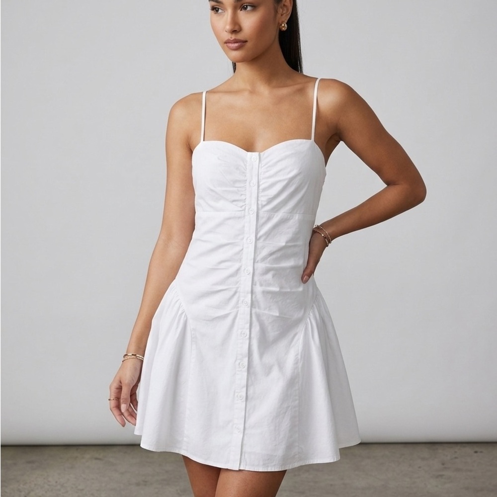 Ruched Button-Front Mini Dress – Crisp White